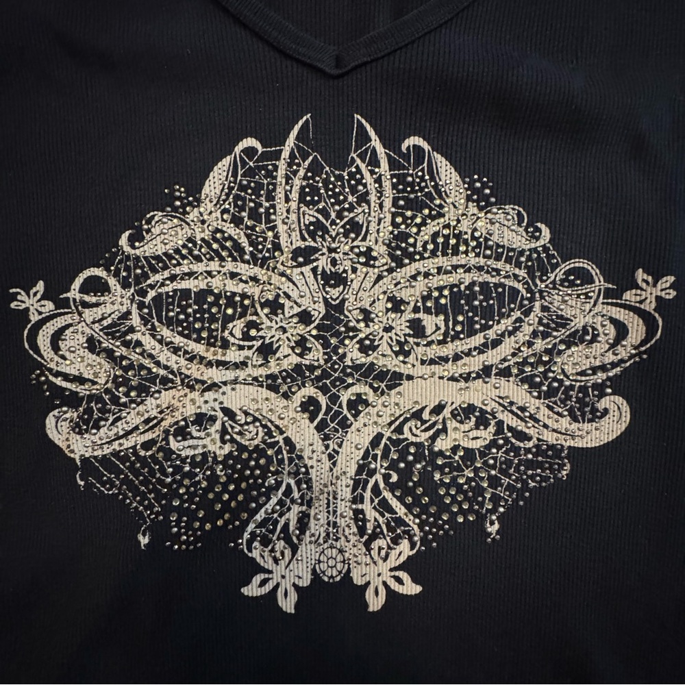 Sledge USA Women’s Sz L Black Ribbed Shirt 3/4 Sleeve Rhinestones Y2K 90s Grunge - Picture 4 of 10